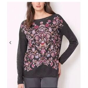 J.Jill Enchanted Floral Sweater Medium Grey Pink Botanical Knit Pullover